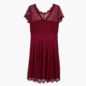 NWT Owin Burgundy‎ Lace Sheer Lined Button Pleated A-Line Midi Dress Sz Large